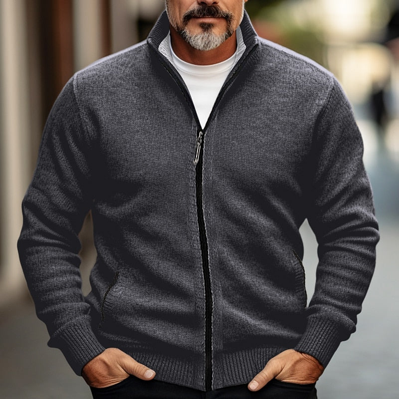 Men's Stand-Collar Zip-Front Knit Cardigan – Dark Gray