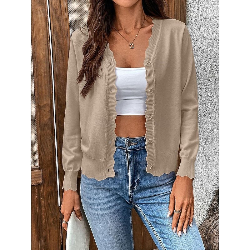 Women's Scalloped-Edge V-Neckline Button-Front Knit Cardigan for Weekends – Khaki