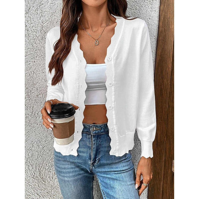 Women's Scalloped-Edge V-Neckline Button-Front Knit Cardigan for Weekends – White