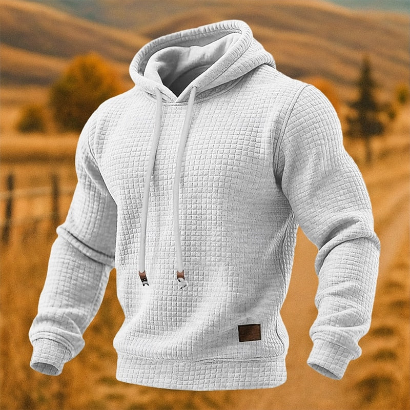 Men's Waffle Texture Pullover Hoodie for Everyday Wear – White