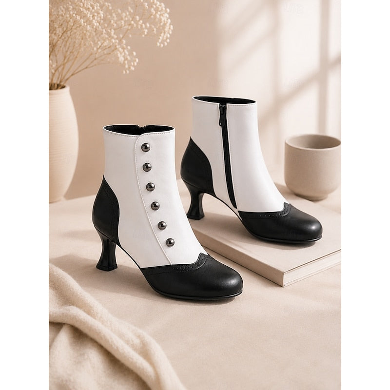 Women's Retro Two-Tone Button Detail Booties – Black/White