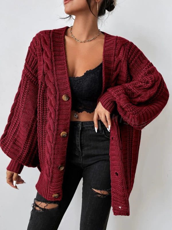 Women's Cable-Knit Loose-Fit Button-Front Knit Cardigan – Red