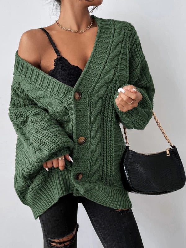 Women's Cable-Knit Loose-Fit Button-Front Knit Cardigan – Green