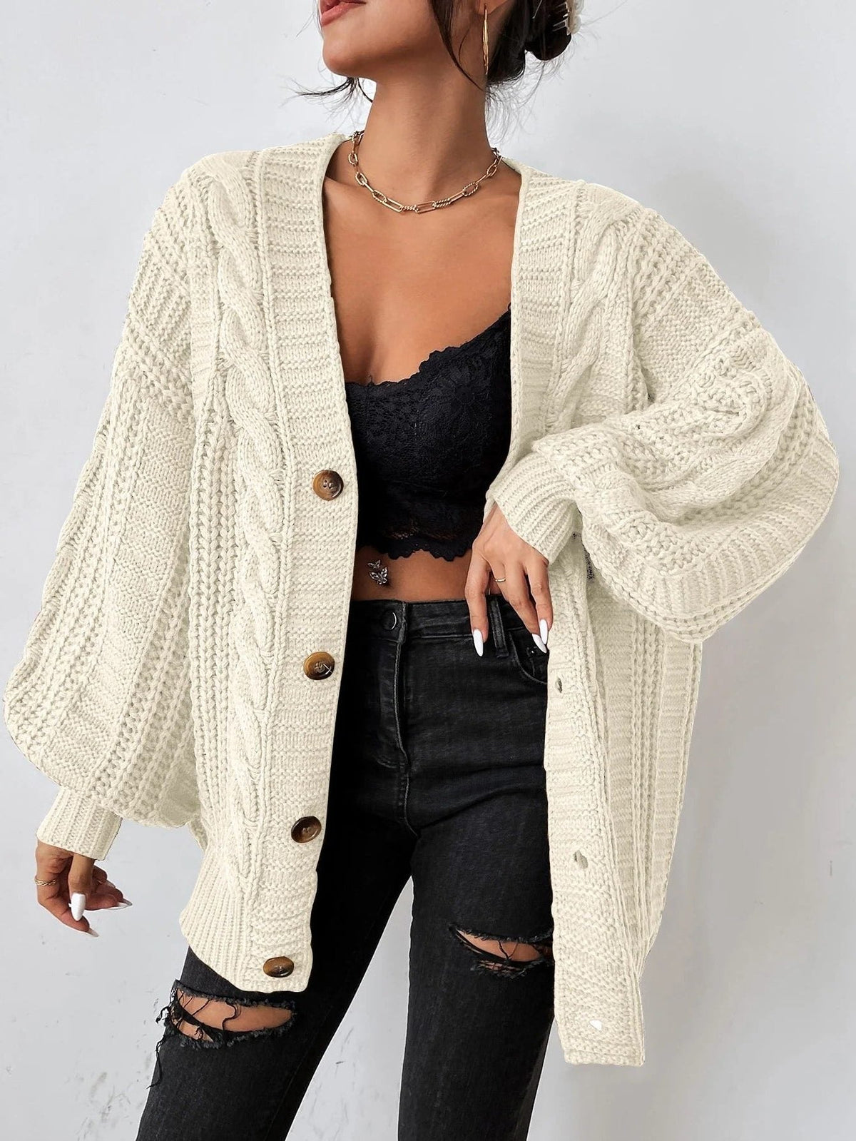 Women's Cable-Knit Loose-Fit Button-Front Knit Cardigan – Beige
