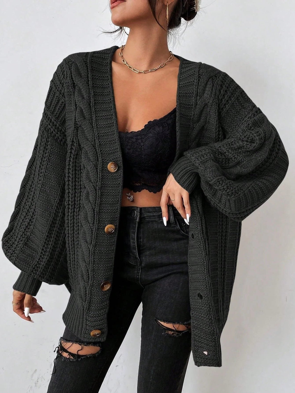 Women's Cable-Knit Loose-Fit Button-Front Knit Cardigan – Black