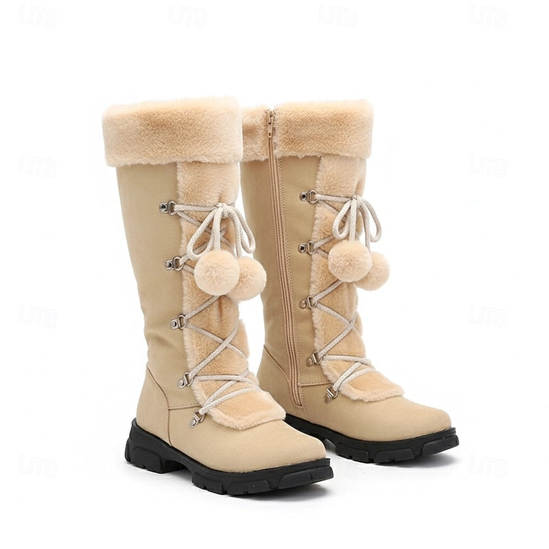 Women's Fur-Trim Laced Mid-Calf Snow Boots – Beige