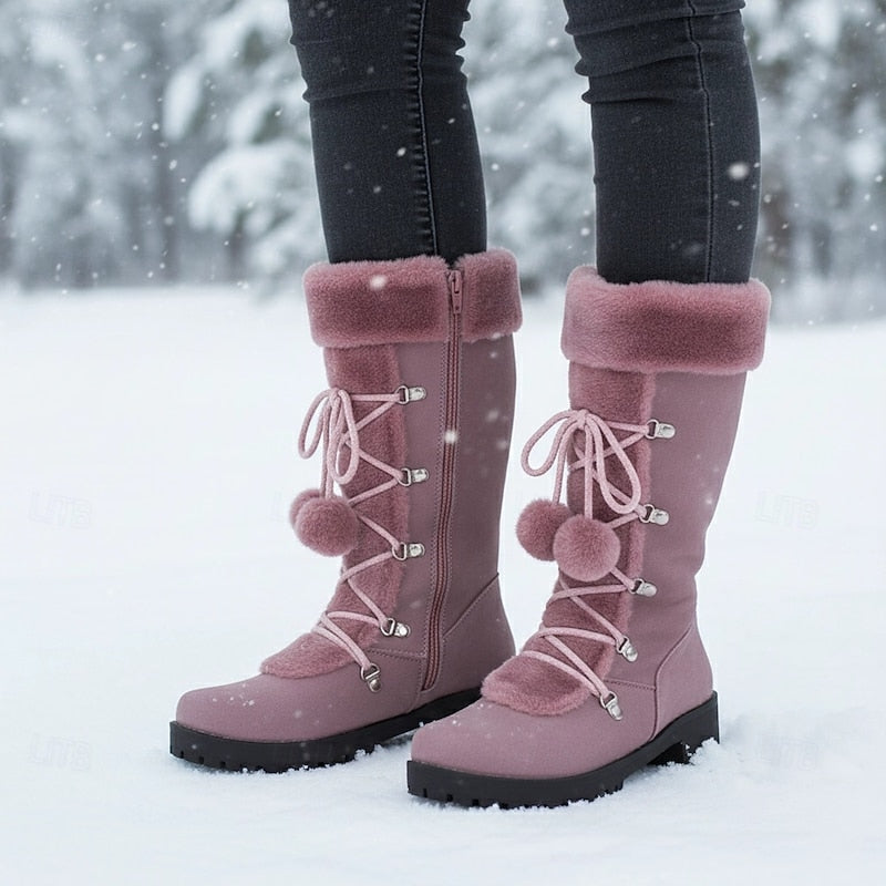 Women's Fur-Trim Laced Mid-Calf Snow Boots – Purple