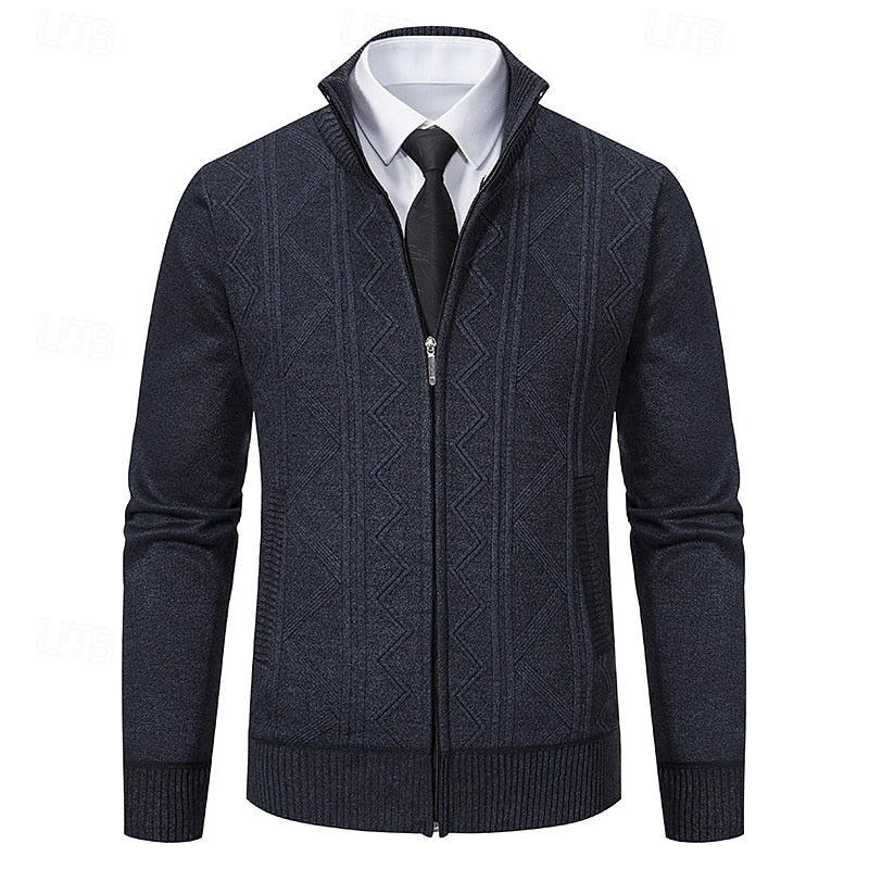 Men's Textured Knit Stand-Collar Zip Knit Cardigan – Dark Gray
