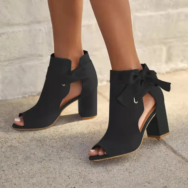 Women's Peep-Toe Booties with Side Bow Detail – Black